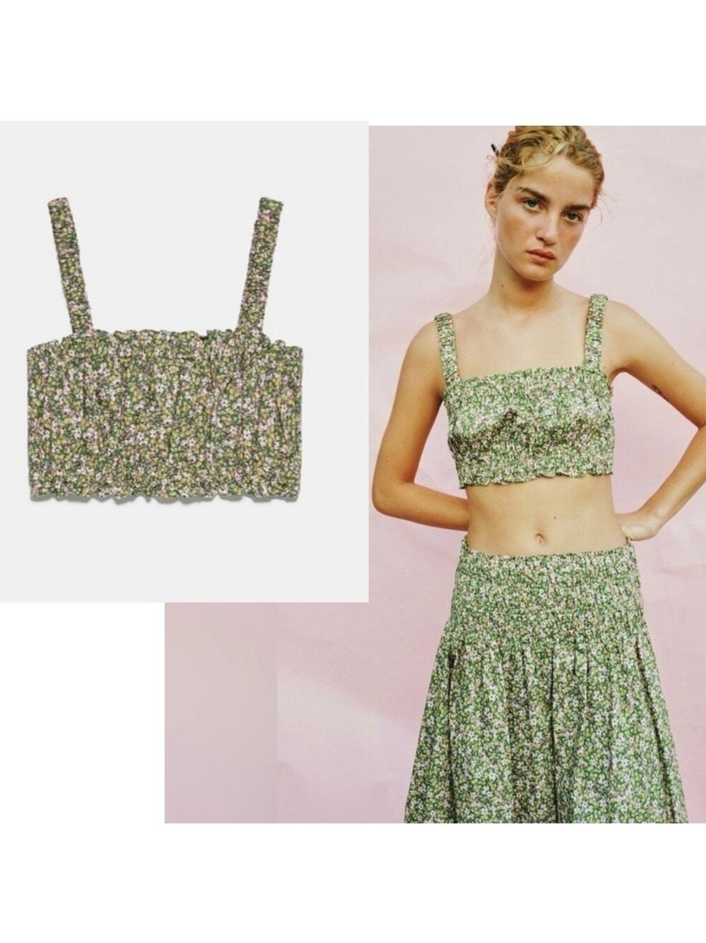 Zara green floral flower print boho smocked crop top prairie bohemian Sz S NWOT